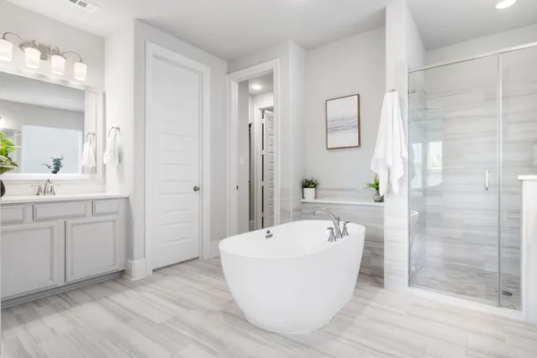 a bathroom with a white bath tub a shower and a sink