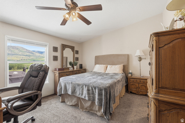 8066 North Valley View Heights Preston, ID 83263 - Photo 18 of 34 Carpeted interior space featuring a ceiling fan with integrated lighting, a large window offering mountain scenery, and light-toned walls