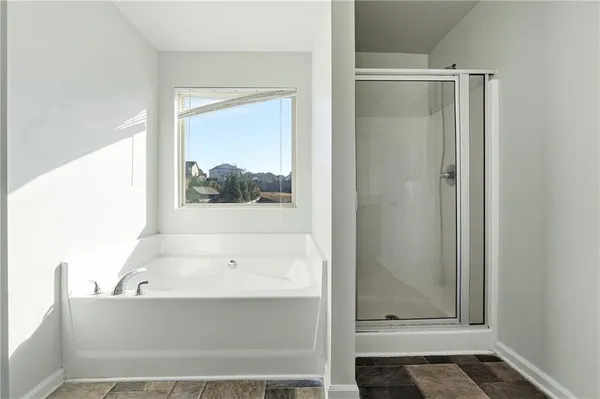 a bathroom with a bathtub and a shower