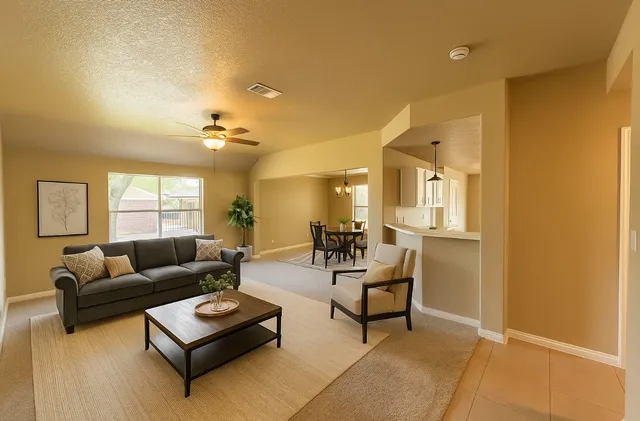 a living room with furniture and a large window