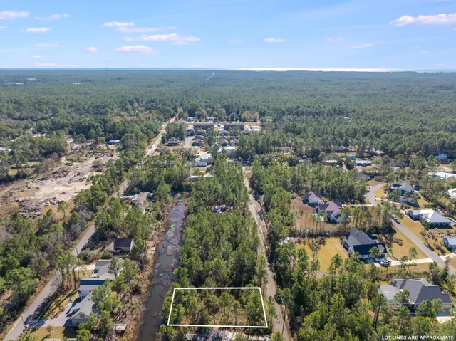an aerial view of residential houses with outdoor space and trees