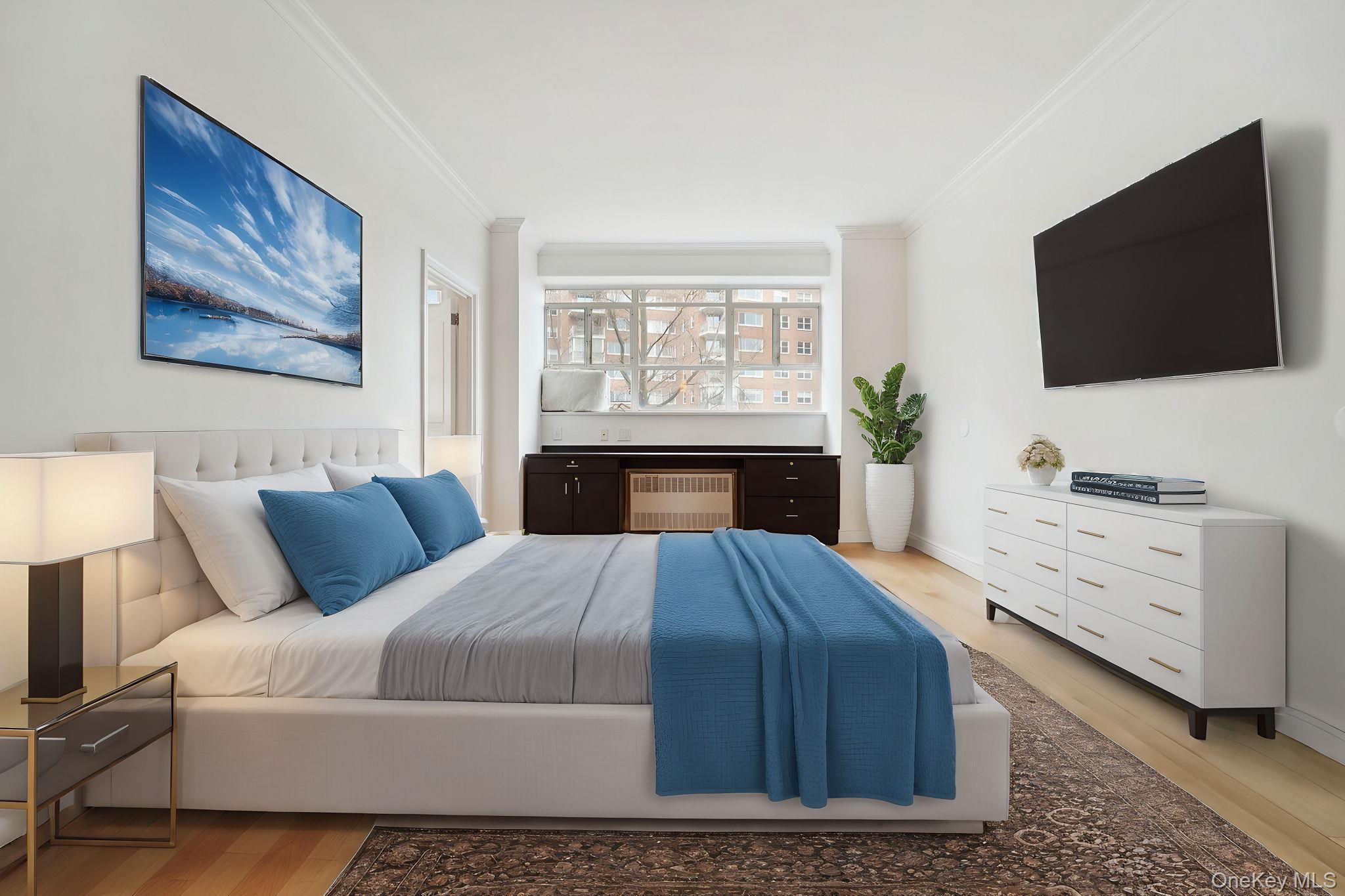 2727 Palisade Avenue, Unit 4H Bronx, NY 10463 - Photo 7 of 26 a bedroom with a large bed and a flat screen tv