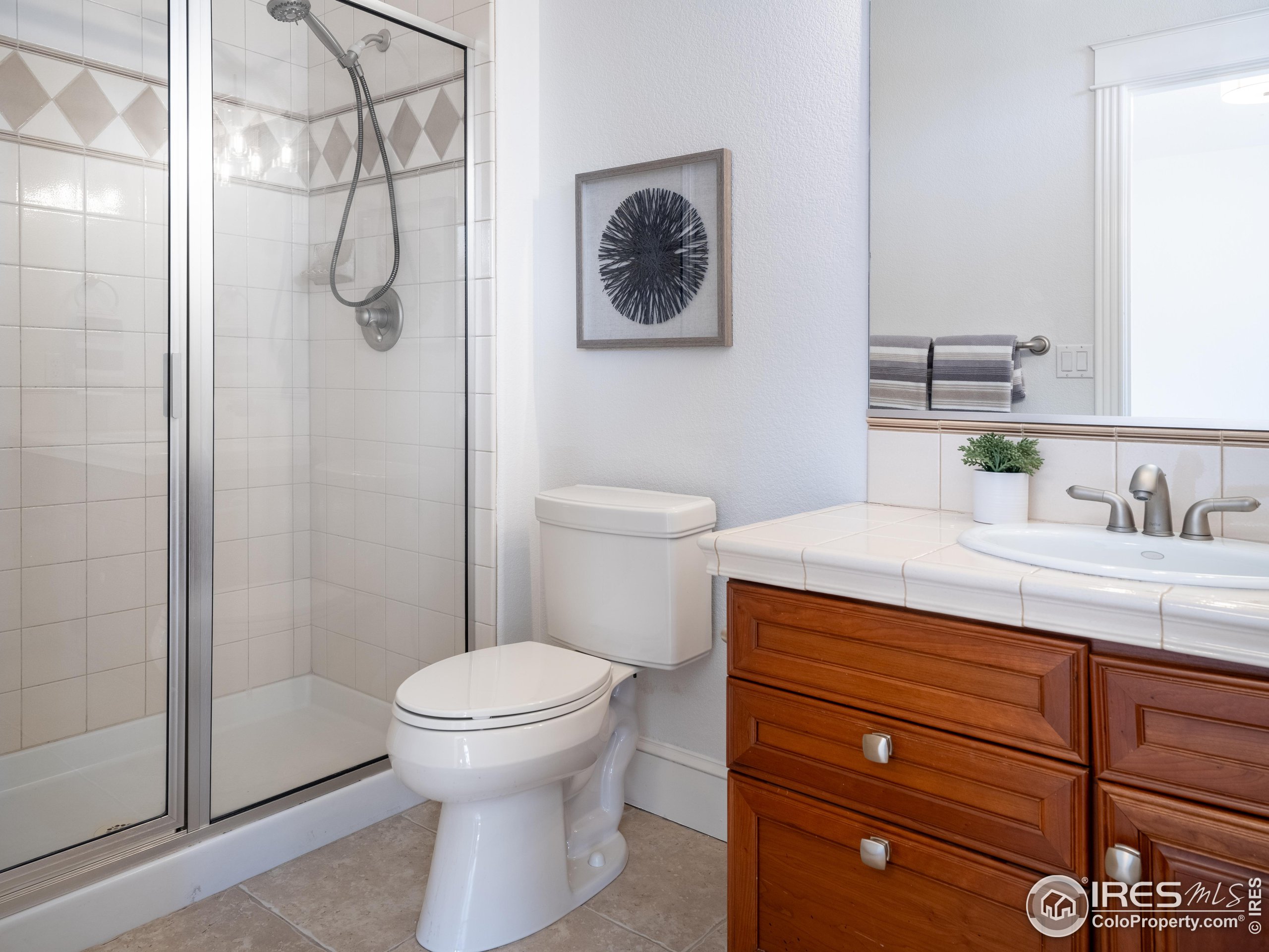 385 Baxter Farm Lane Erie, CO 80516 - Photo 28 of 40 a bathroom with a granite countertop sink a toilet and a shower