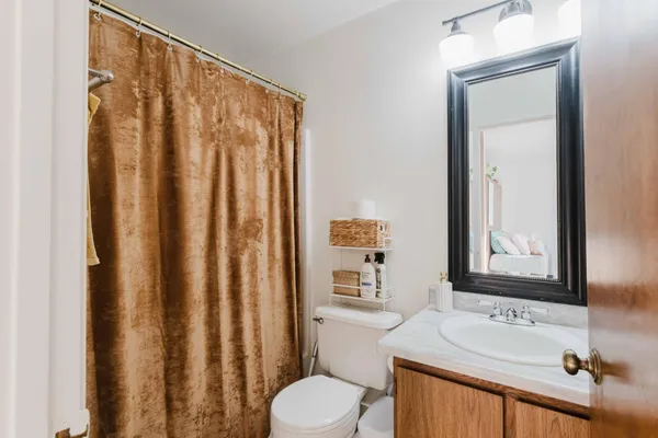 a bathroom with a sink a toilet and shower curtain