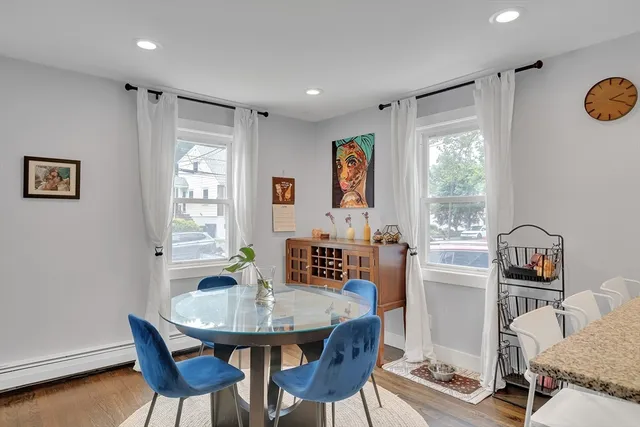 a view of a dining room with furniture window and outside view