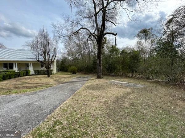 a view of a backyard with large trees