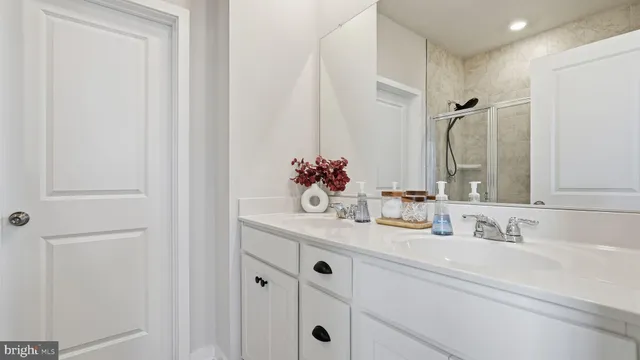 a bathroom with double vanity sink a mirror and shower