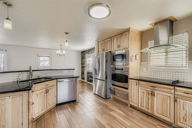 a kitchen with stainless steel appliances a refrigerator a sink and wooden floors