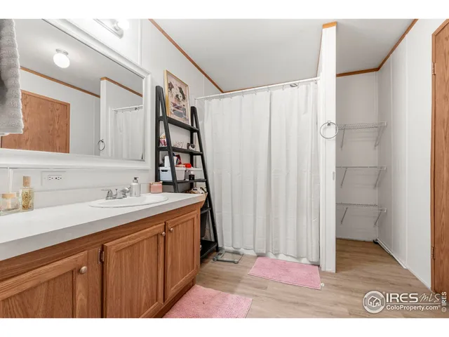 a bathroom with a sink a mirror and a shower