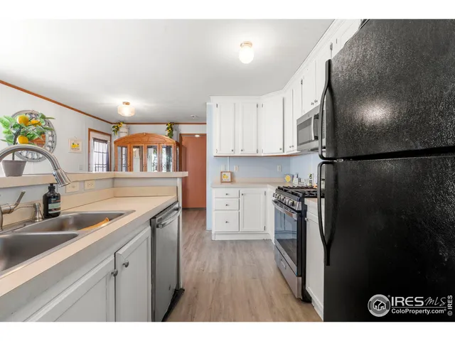 a kitchen with a refrigerator and a sink