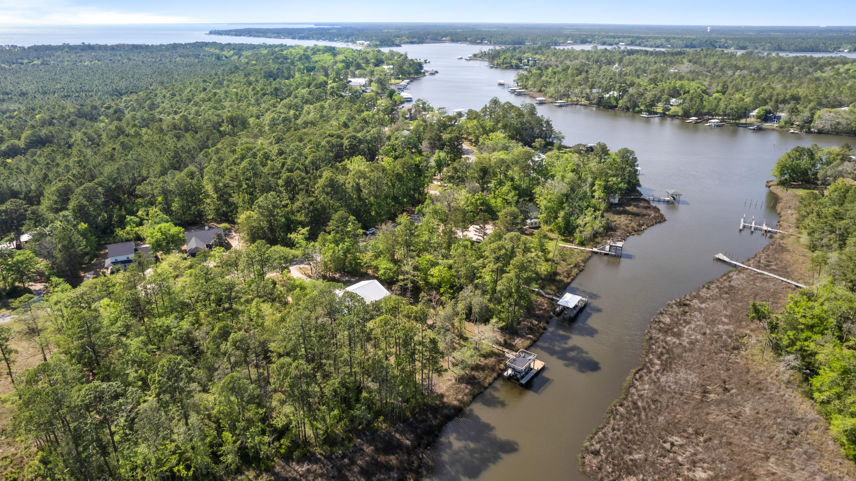 528 Bay Grove Road Freeport, FL 32439 - Photo 54 of 68 an aerial view of green landscape with trees houses and lake view