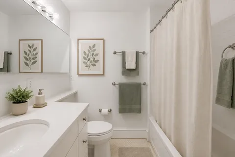 a bathroom with a sink toilet and shower
