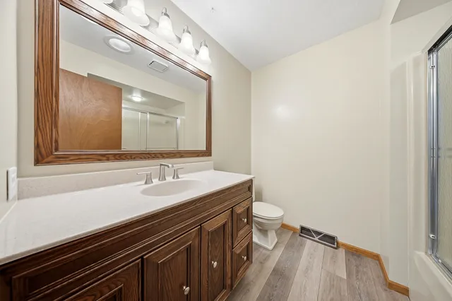 a bathroom with a sink a toilet a mirror and vanity