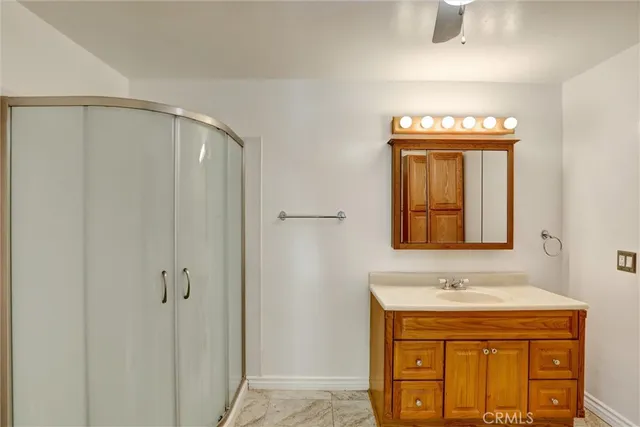 a bathroom with a sink a mirror and a shower
