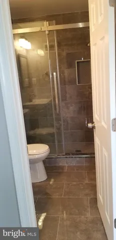 a bathroom with a shower and a toilet