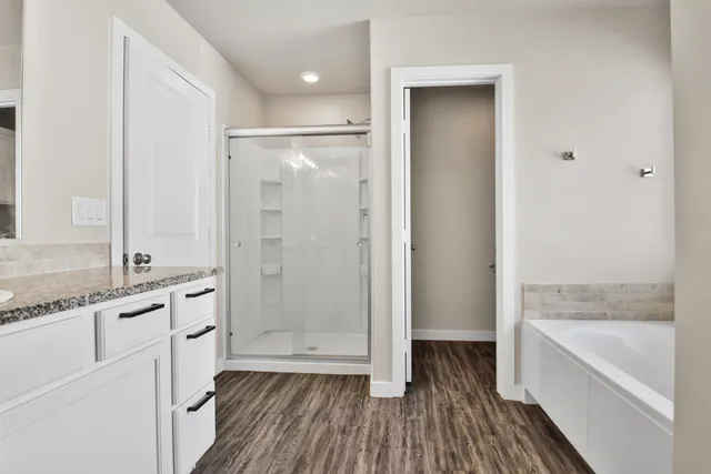 a bathroom with a granite countertop bathtub shower sink and mirror