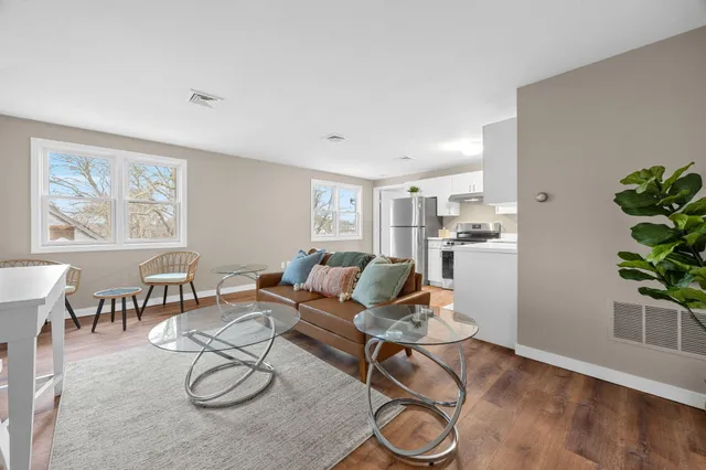 a living room with furniture and a potted plant