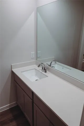 a bathroom with a sink and a mirror
