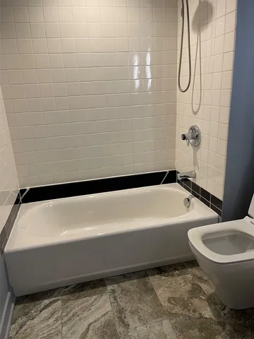 a bathroom with a bathtub and a toilet