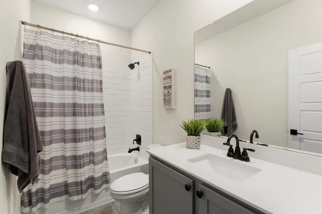 a bathroom with a sink a toilet and shower curtain