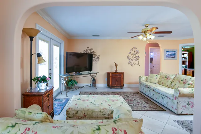 a living room with furniture potted plant and a flat screen tv