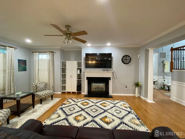 a bedroom with a bed and a fireplace