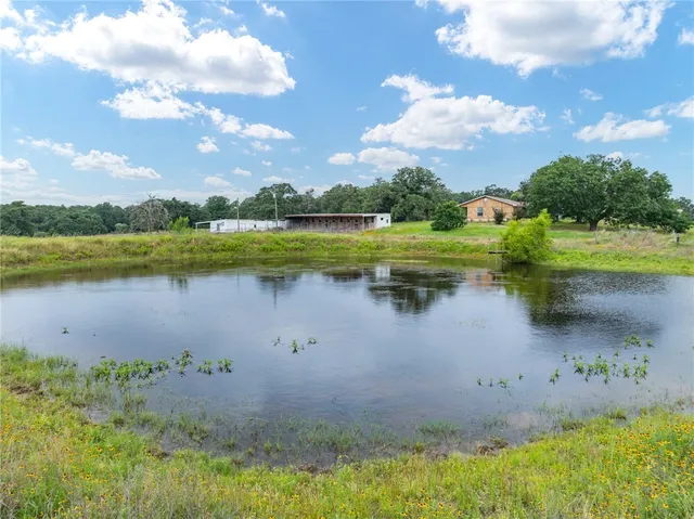 a view of a lake from a yard