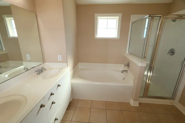 a bathroom with a tub sink and mirror