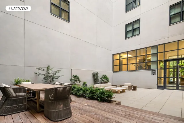a backyard of a house with table and chairs