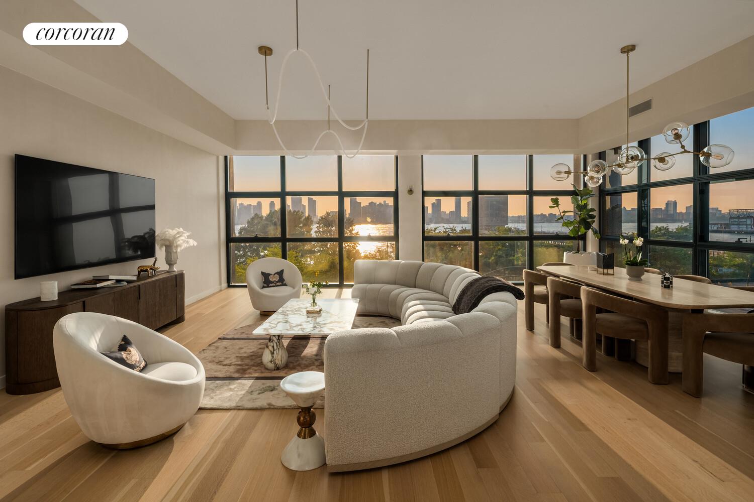 290 West Street, Unit 3A Manhattan, NY 10013 - Photo 2 of 21 a living room with furniture a flat screen tv and a floor to ceiling window