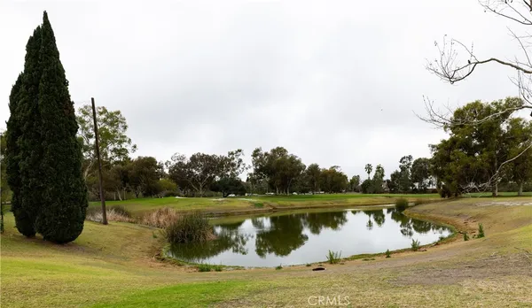 a view of a lake with houses in background