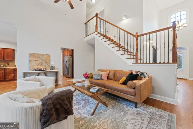 a living room with furniture or stairs and a couch