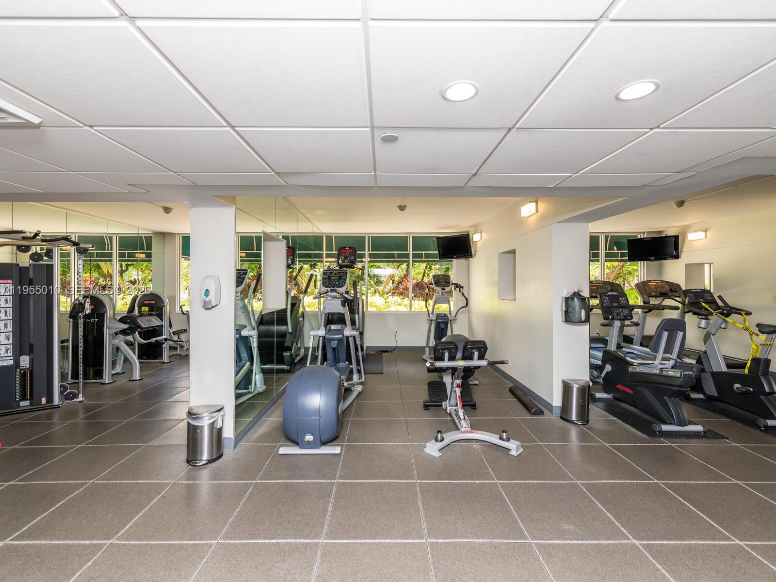 888 Brickell Key Drive, Unit 210 Miami, FL 33131 - Photo 64 of 84 a room with gym equipment and lots of windows