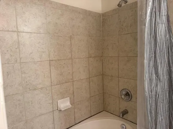 a bathroom with a shower and toilet