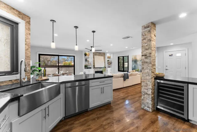 a kitchen with lots of counter space and a sink