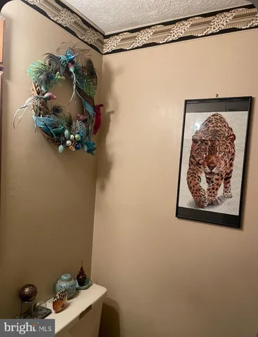 a bathroom with a shower curtain and a mirror
