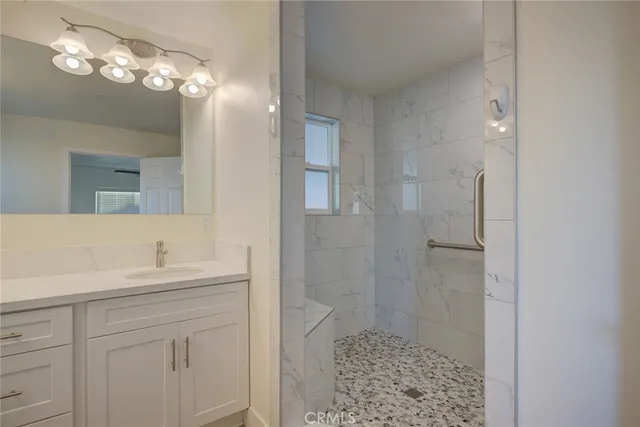 a bathroom with a sink shower and a mirror