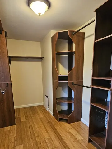 a view of walk in closet with empty racks