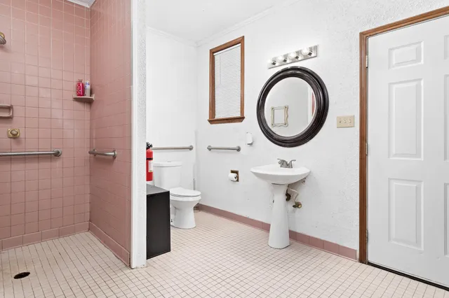 a bathroom with a sink a toilet and a shower