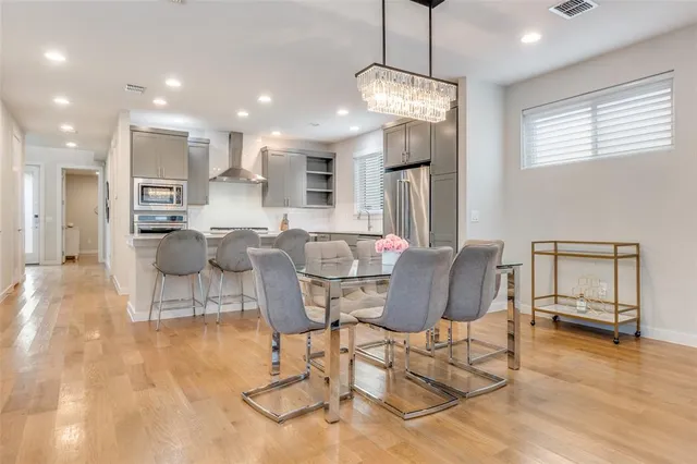 a view of a dining room with furniture