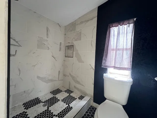 a bathroom with a toilet and a shower