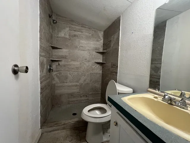 a bathroom with a sink toilet and shower