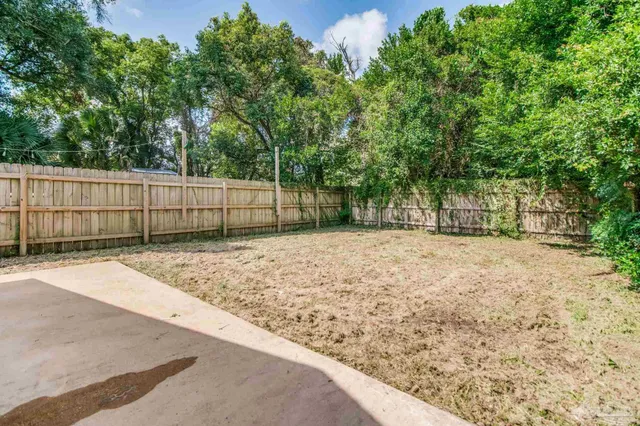 a view of a backyard with large trees