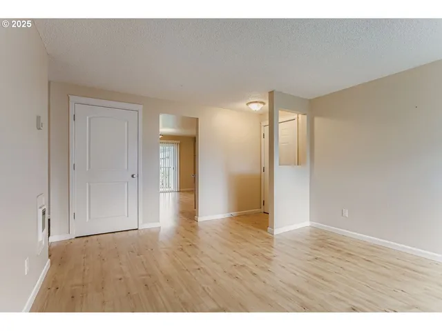 a view of an empty room and wooden floor