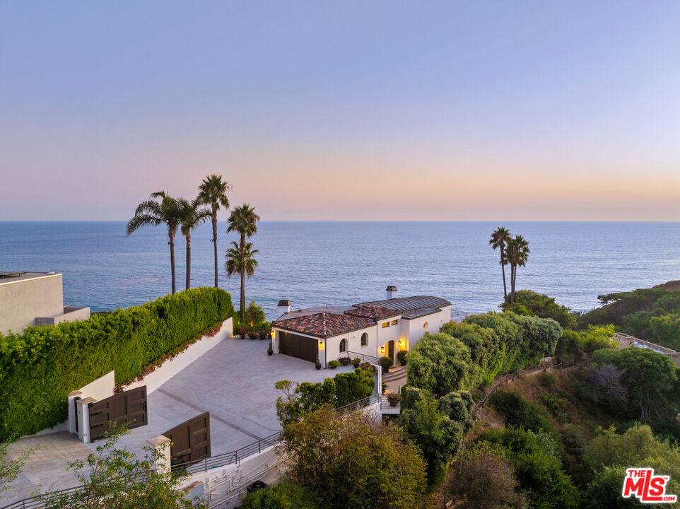 an aerial view of a house with a yard potted plants and lake view