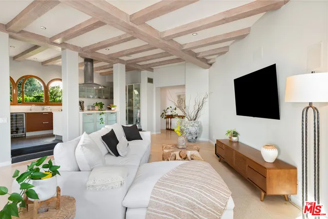 a dining hall with couches a fireplace and a potted plant with outer view