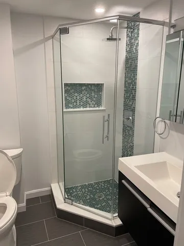a bathroom with a shower and a toilet