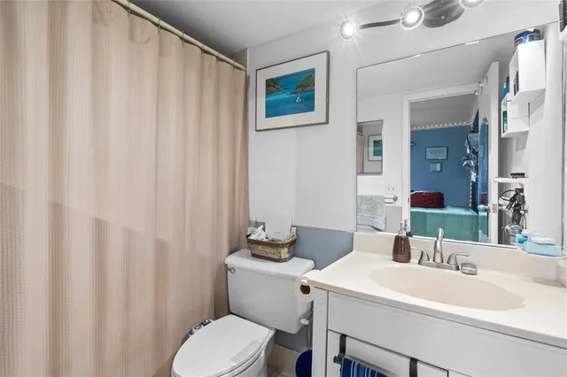 a bathroom with a sink a toilet and shower curtain