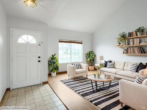 a living room with furniture and a potted plant