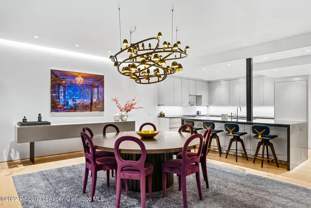 a view of a dining room with furniture